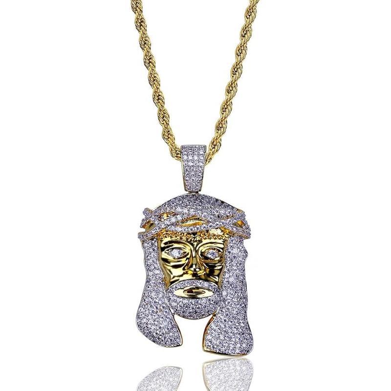 Jesus Pendant Necklace Rope Gold Chain for Men Iced out 14K Gold Plated Simulated Diamond Chain Stainless Steel Chain 24 inch