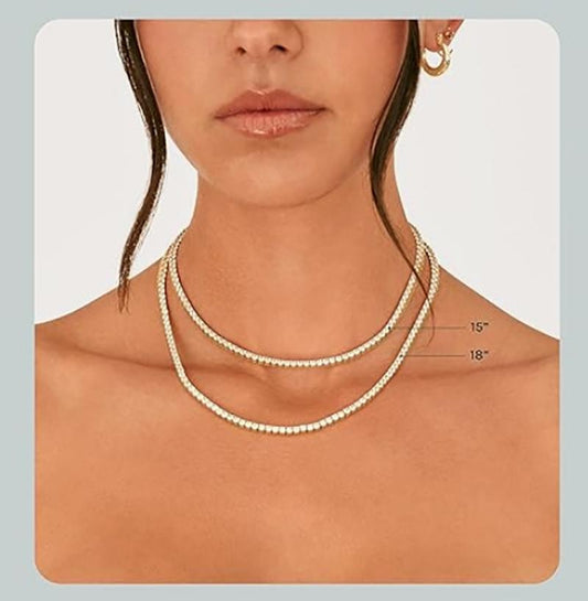 14K Gold Plated 3mm Simulated Diamond Tennis Necklace for Women | Tennis Chain | Chunky Long Gold Necklace for Women| Sizes 15" and 18"