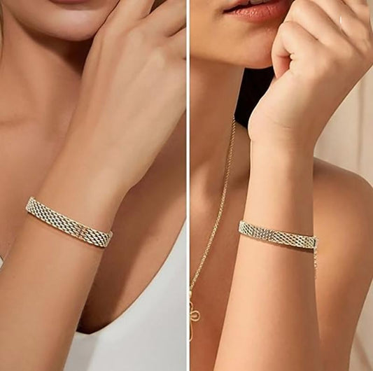 14K Gold Bracelet Women's Adjustable Gold Plated Chain Ring - Non-tarnish,Waterproof Mesh and Bracelet,Lightweight Fashion Chunky Chain