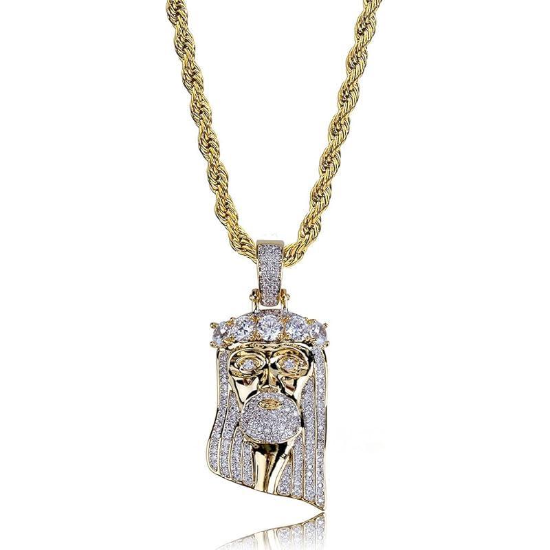 Jesus Pendant Necklace Rope Gold Chain for Men Iced out 14K Gold Plated Simulated Diamond Chain Stainless Steel Chain 24 inch