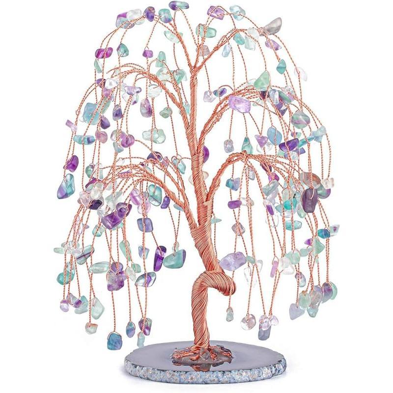 Natural 7 Chakra Healing Crystals Quartz Tree Tumbled Gemstone Stones Money Tree, Geode Agate Slices Base Feng Shui Ornaments Home Decoration for Wealth and Luck 5.5"-6.3"