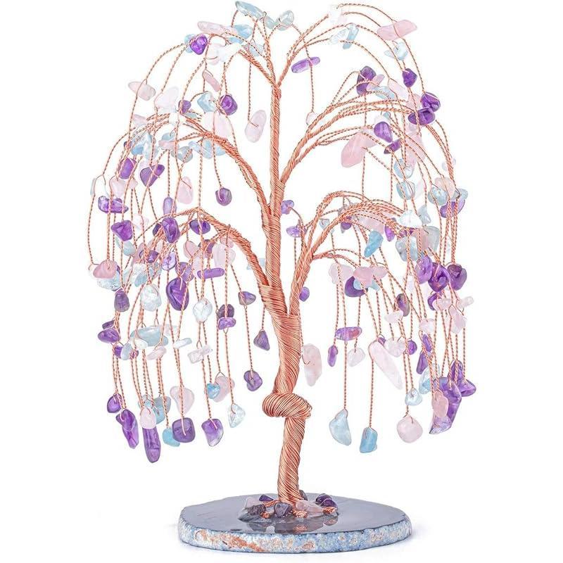 Natural 7 Chakra Healing Crystals Quartz Tree Tumbled Gemstone Stones Money Tree, Geode Agate Slices Base Feng Shui Ornaments Home Decoration for Wealth and Luck 5.5"-6.3"