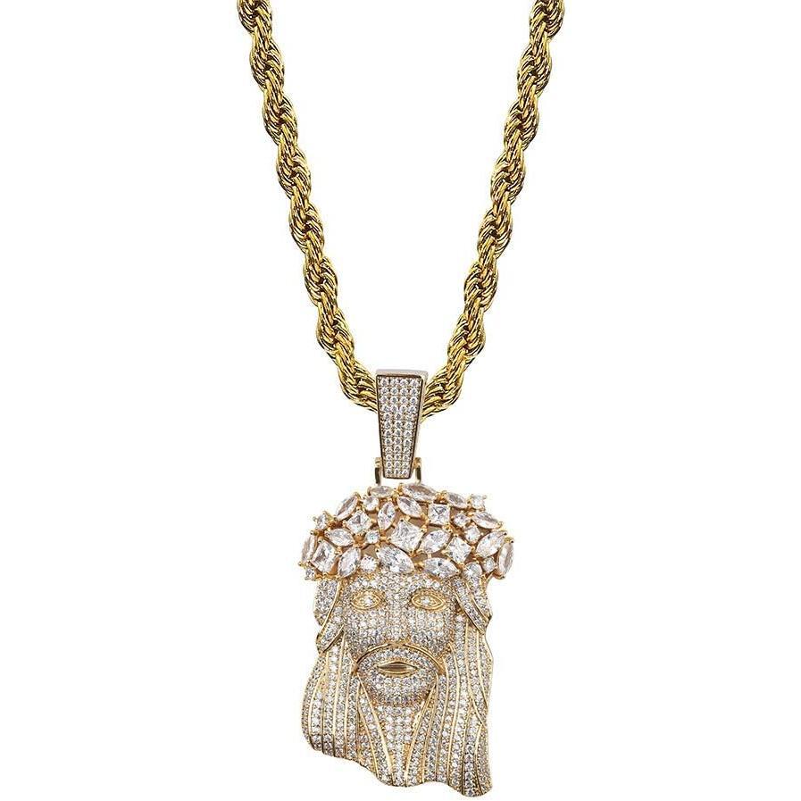 Jesus Pendant Necklace Rope Gold Chain for Men Iced out 14K Gold Plated Simulated Diamond Chain Stainless Steel Chain 24 inch
