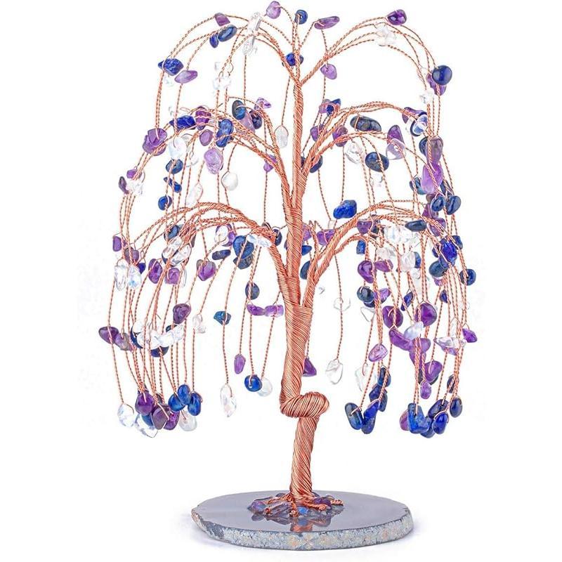 Natural 7 Chakra Healing Crystals Quartz Tree Tumbled Gemstone Stones Money Tree, Geode Agate Slices Base Feng Shui Ornaments Home Decoration for Wealth and Luck 5.5"-6.3"