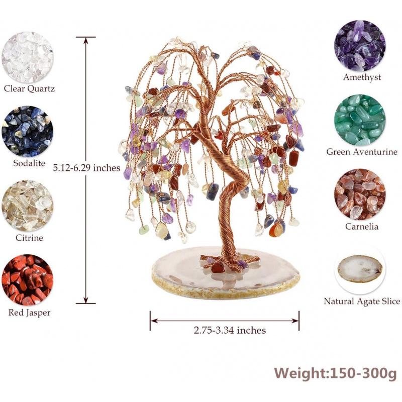 Natural 7 Chakra Healing Crystals Quartz Tree Tumbled Gemstone Stones Money Tree, Geode Agate Slices Base Feng Shui Ornaments Home Decoration for Wealth and Luck 5.5"-6.3"