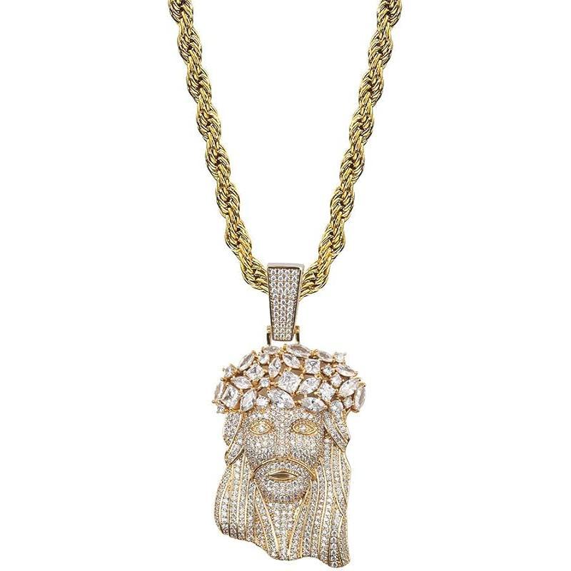 Jesus Pendant Necklace Rope Gold Chain for Men Iced out 14K Gold Plated Simulated Diamond Chain Stainless Steel Chain 24 inch
