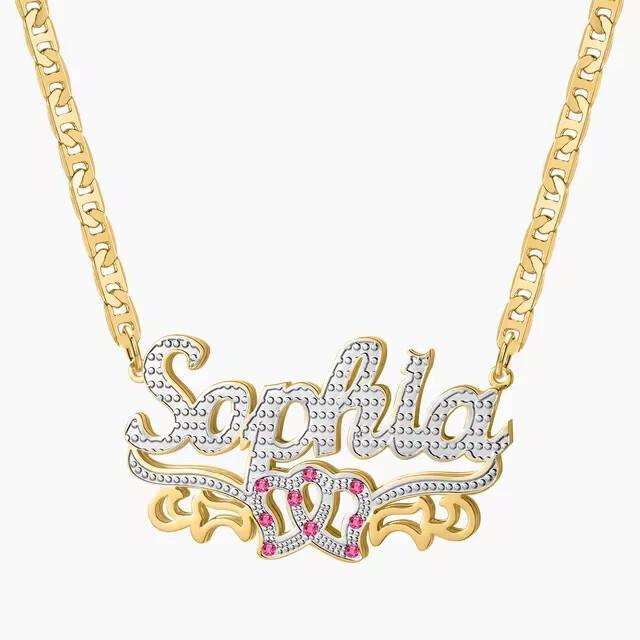 Custom 3D Name Necklace Personalized Birthstone Figaro Cuban Flat Chain Women