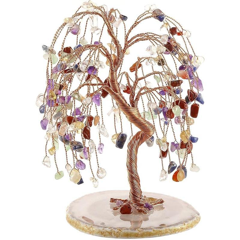 Natural 7 Chakra Healing Crystals Quartz Tree Tumbled Gemstone Stones Money Tree, Geode Agate Slices Base Feng Shui Ornaments Home Decoration for Wealth and Luck 5.5"-6.3"