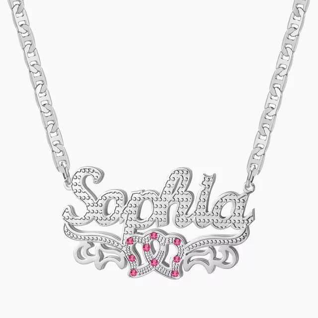 Custom 3D Name Necklace Personalized Birthstone Figaro Cuban Flat Chain Women