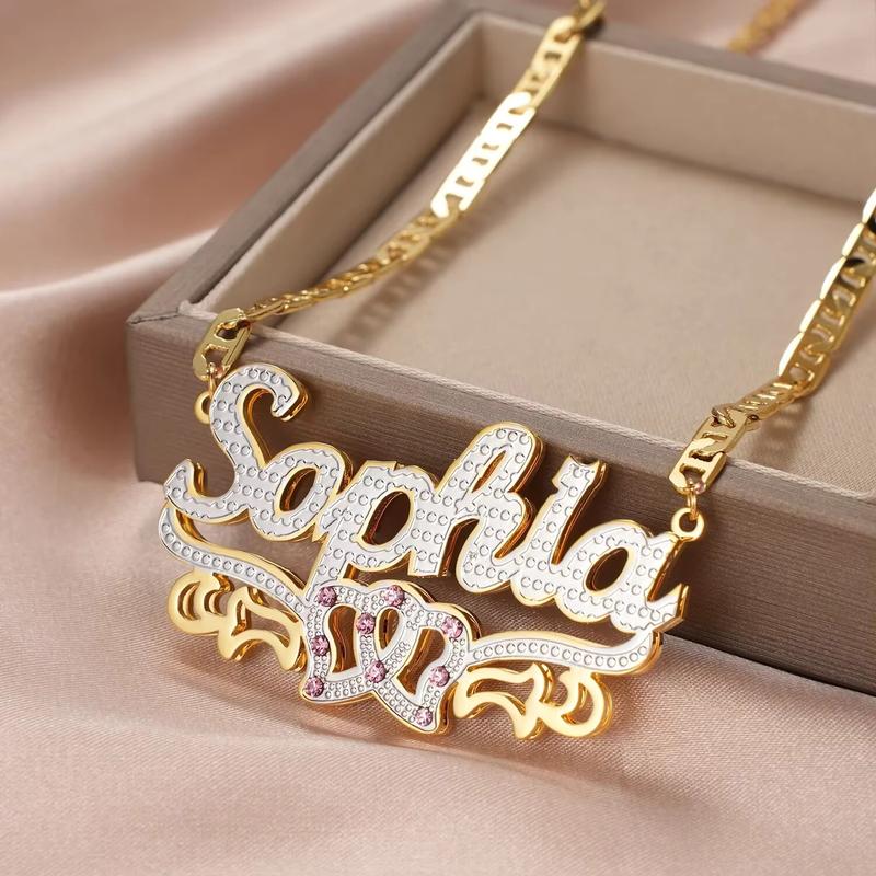 Custom 3D Name Necklace Personalized Birthstone Figaro Cuban Flat Chain Women