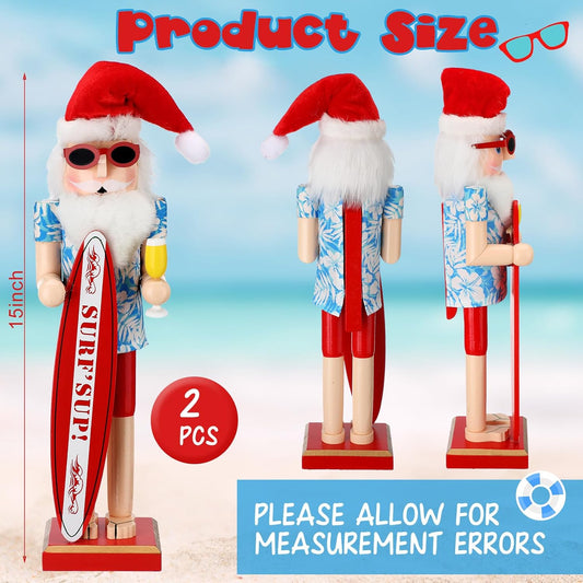 15 Inch Surfer Santa Nutcracker Wooden Summer Hawaii Christmas Nutcracker Figures, Large Beach Xmas Tabletop Centerpieces Festival Shelves Decorations