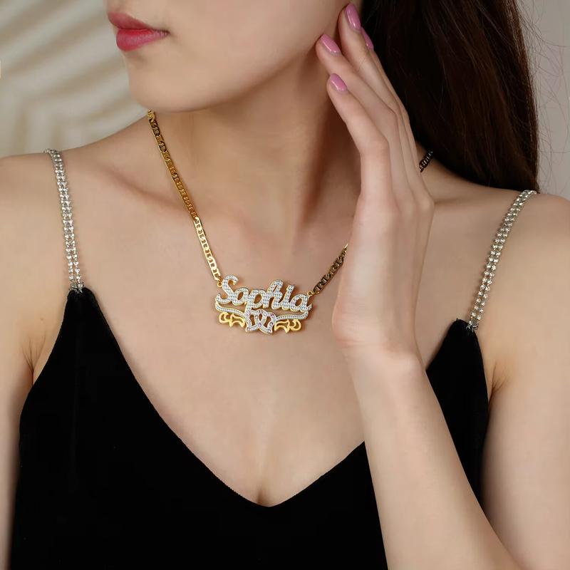 Custom 3D Name Necklace Personalized Birthstone Figaro Cuban Flat Chain Women