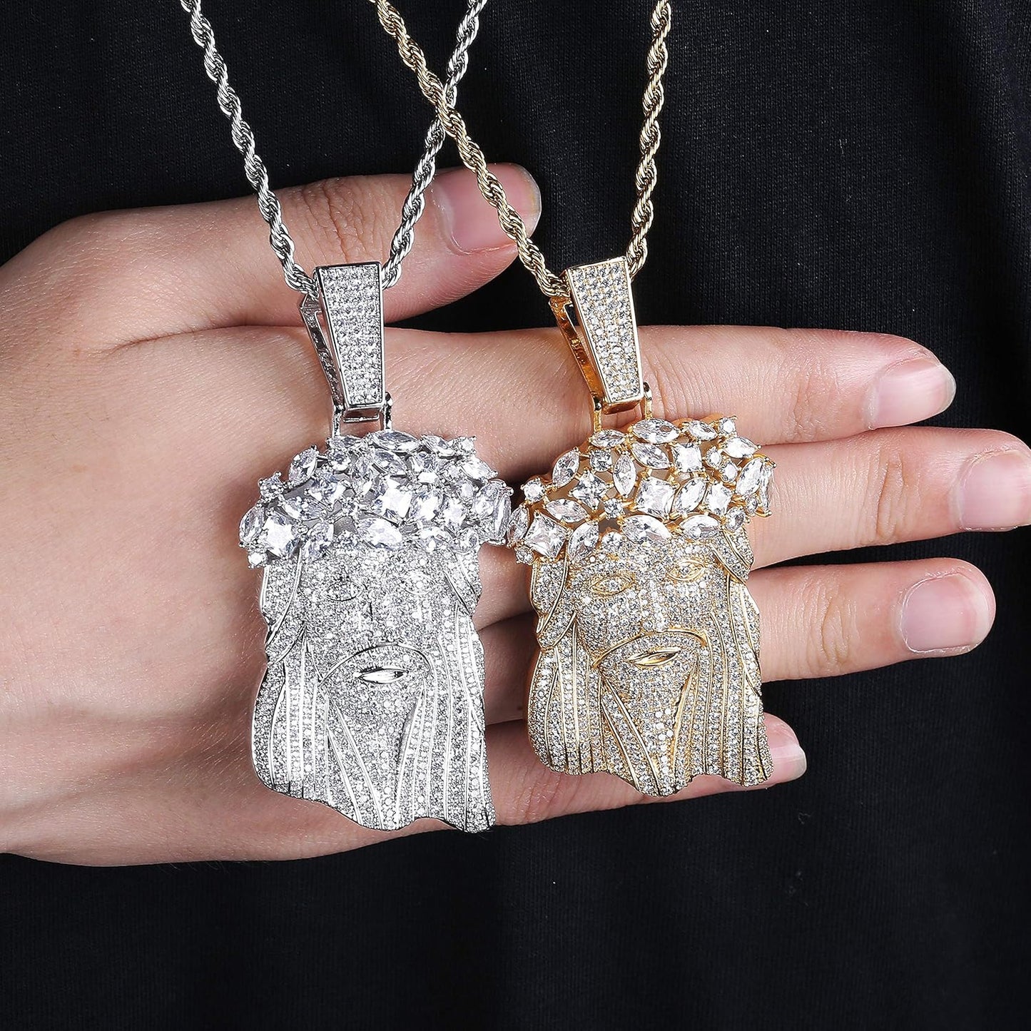 Jesus Pendant Necklace Rope Gold Chain for Men Iced out 14K Gold Plated Simulated Diamond Chain Stainless Steel Chain 24 inch
