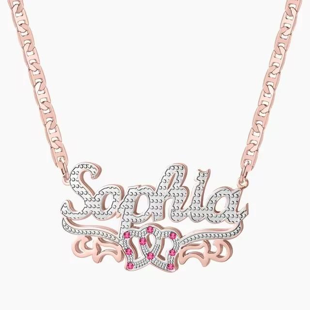 Custom 3D Name Necklace Personalized Birthstone Figaro Cuban Flat Chain Women