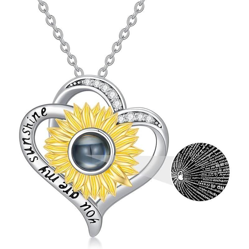 925 Sterling Silver I Love You 100 Languages Necklace I Love You Forever Infinity Heart Mom Sunflower Projection Pendant Necklace for Women Mother's Day Gift