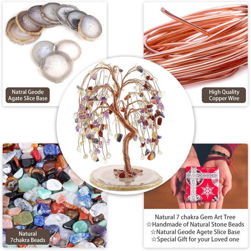 Natural 7 Chakra Healing Crystals Quartz Tree Tumbled Gemstone Stones Money Tree, Geode Agate Slices Base Feng Shui Ornaments Home Decoration for Wealth and Luck 5.5"-6.3"