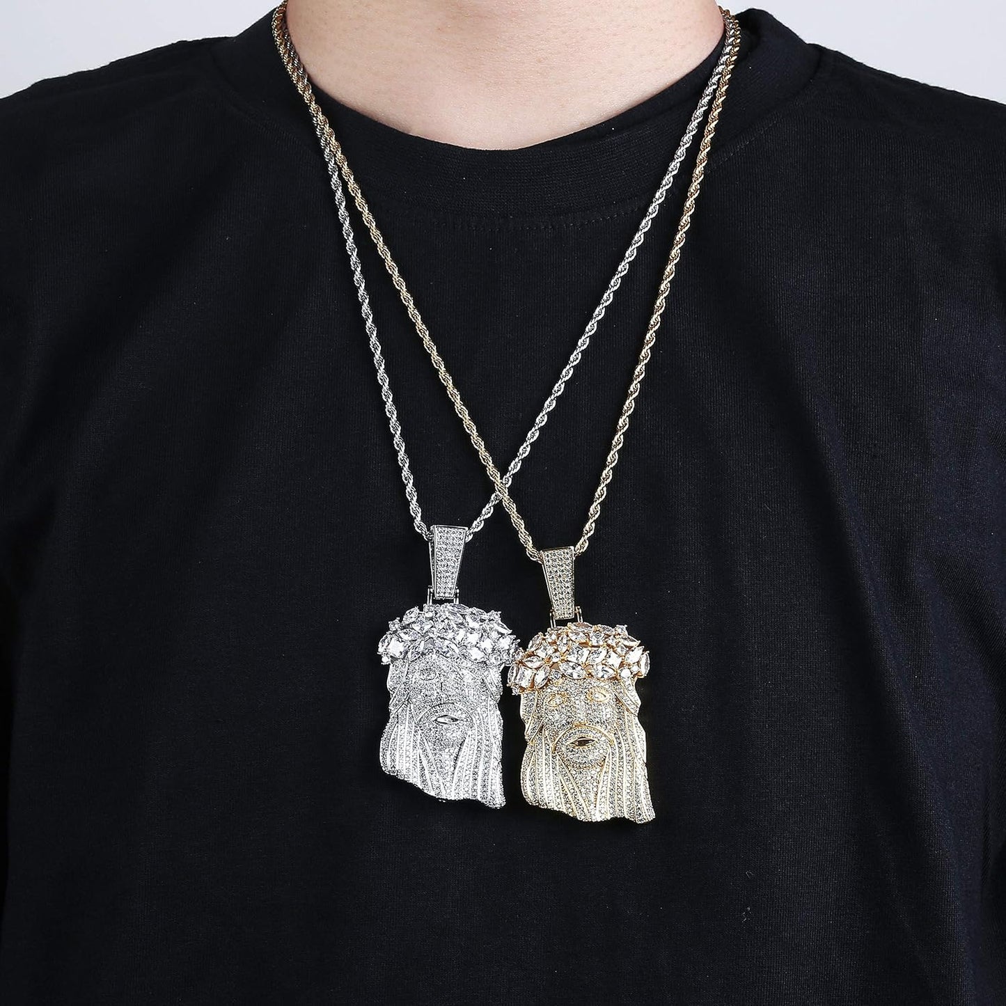 Jesus Pendant Necklace Rope Gold Chain for Men Iced out 14K Gold Plated Simulated Diamond Chain Stainless Steel Chain 24 inch