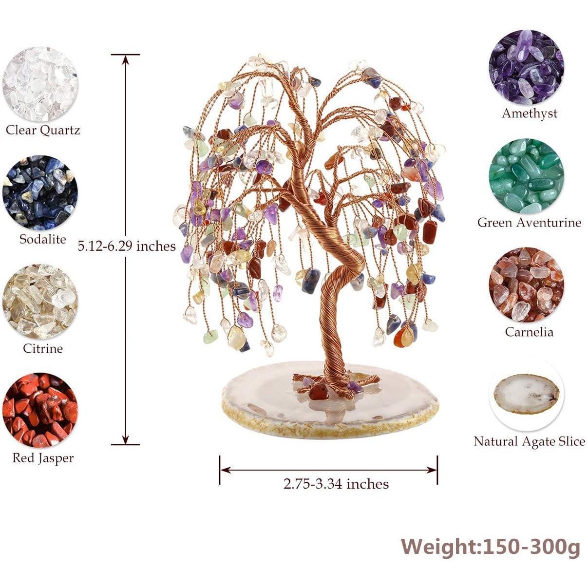 Natural 7 Chakra Healing Crystals Quartz Tree Tumbled Gemstone Stones Money Tree, Geode Agate Slices Base Feng Shui Ornaments Home Decoration for Wealth and Luck 5.5"-6.3"