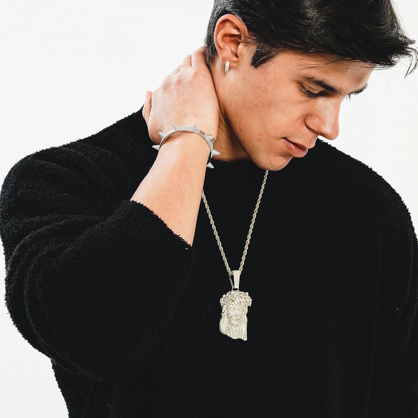Jesus Pendant Necklace Rope Gold Chain for Men Iced out 14K Gold Plated Simulated Diamond Chain Stainless Steel Chain 24 inch