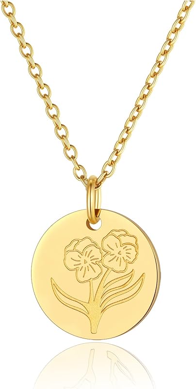 Necklaces for Women with Birthstone Stainless Steel/Gold Plated/Sterling Silver Jan. to Dec. Guardian Month Floral Pendant Custom Engraved Dainty Jewelry + Gift Box