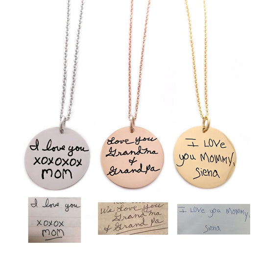 Personalized Handwriting Disc Necklace - Custom Actual Handwriting Jewelry - Engraved Handwritten Note Memorial
