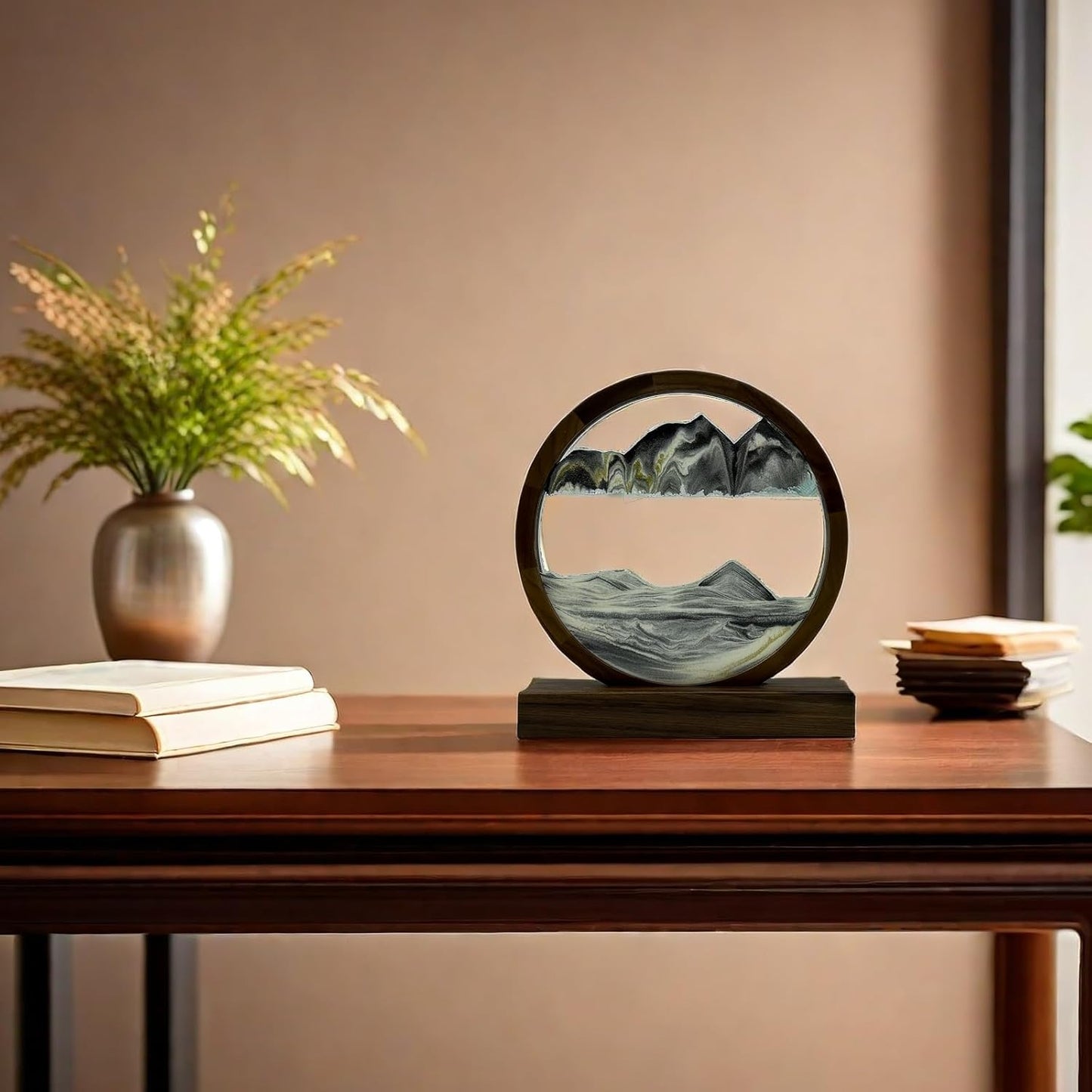 Hand Made Walnut Moving Sand Art, 360 °   Rotating Hourglass Glaciers Sandscape, Relaxing Desk Toys for Adults, Home Office Work Decor