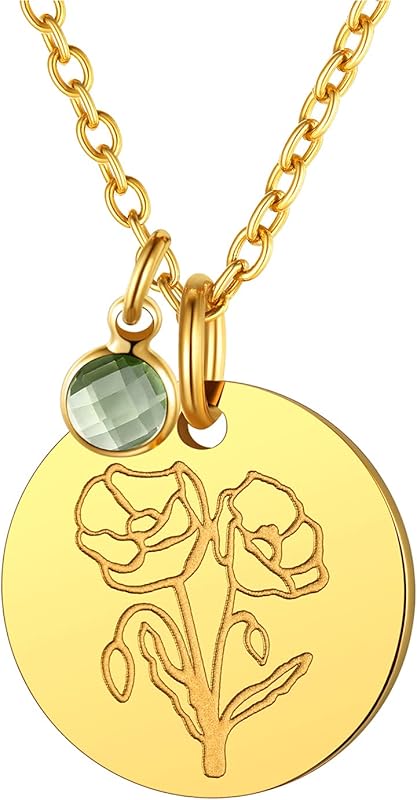 Necklaces for Women with Birthstone Stainless Steel/Gold Plated/Sterling Silver Jan. to Dec. Guardian Month Floral Pendant Custom Engraved Dainty Jewelry + Gift Box