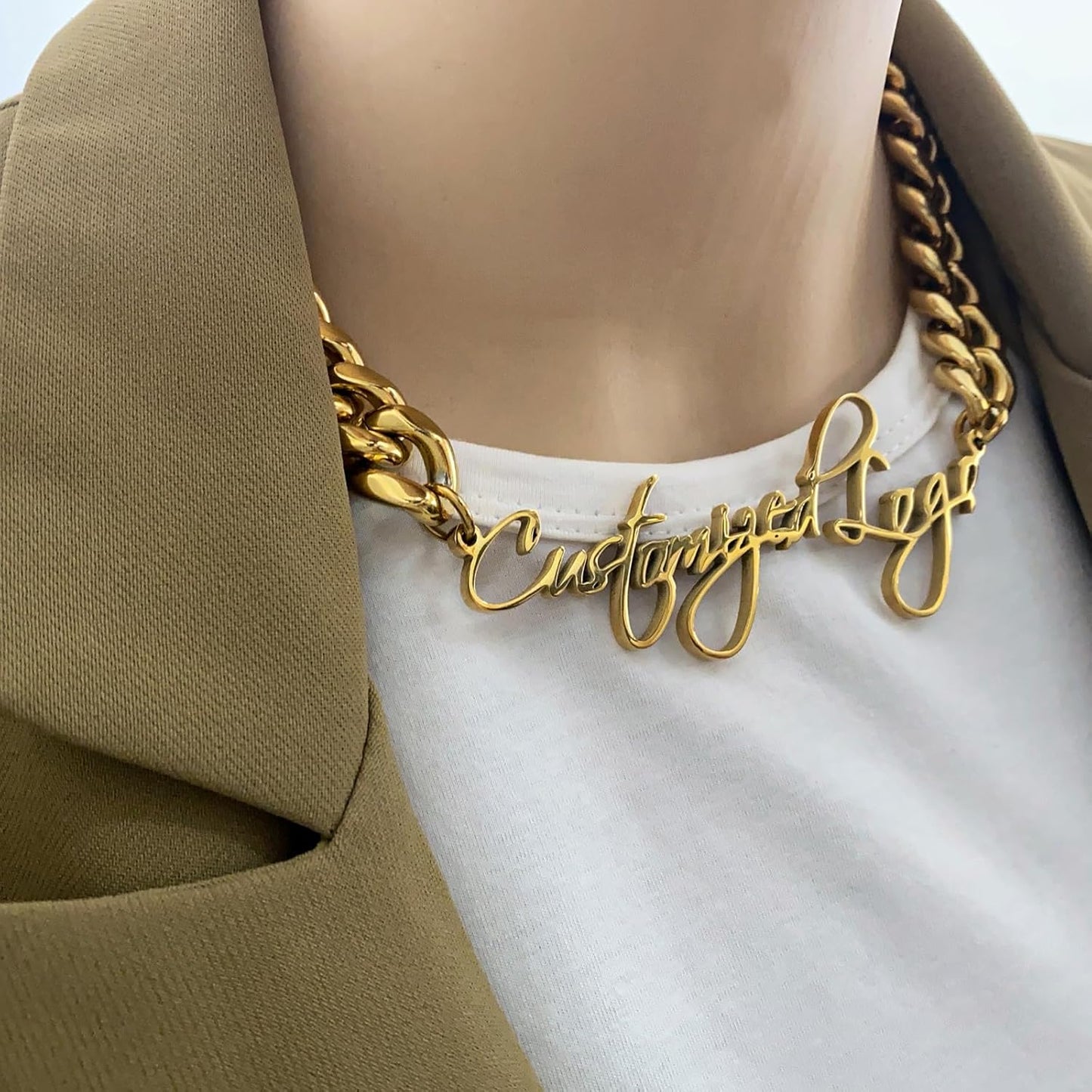18K Gold Plated Stainless Steel Cuban Link Chain Necklace, Personalized Custom Monogram, High Polish, Waterproof