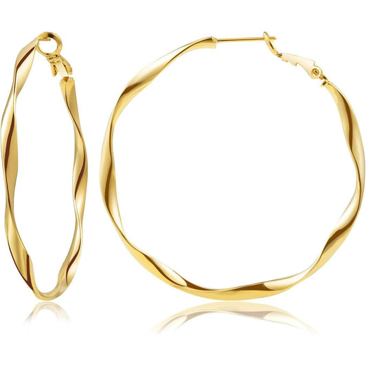 24K gold hoop female earrings fashion gold plated twisted thin hoop, slim and lovely big gold hoop earrings nickel-free female earrings suitable for sensitive ears hypoallergenic.