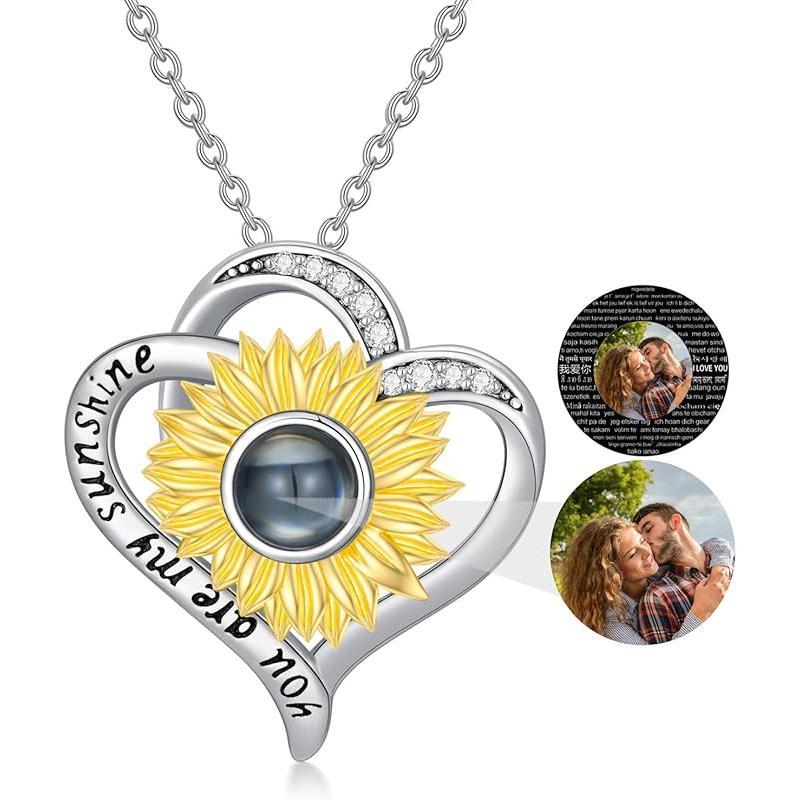 925 Sterling Silver I Love You 100 Languages Necklace I Love You Forever Infinity Heart Mom Sunflower Projection Pendant Necklace for Women Mother's Day Gift