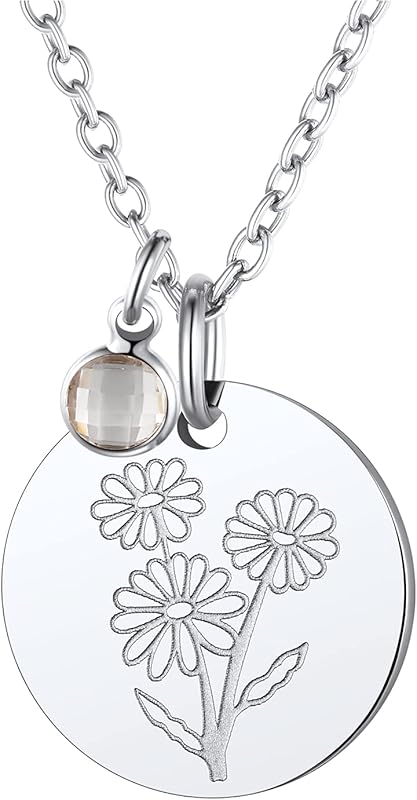Necklaces for Women with Birthstone Stainless Steel/Gold Plated/Sterling Silver Jan. to Dec. Guardian Month Floral Pendant Custom Engraved Dainty Jewelry + Gift Box