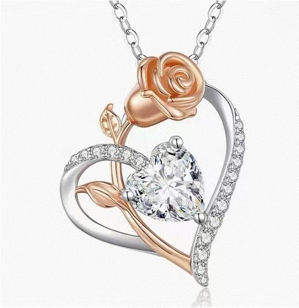 Heart and Rose Pendant Necklace-925 Sterling Silver Jewelry，Adjustable Chain，Give for her in Valentine's Day Gifts ，Mother's Day Presents ，National Day Singapore Jewelry and Birthday Day Gift， Adjustable Chai