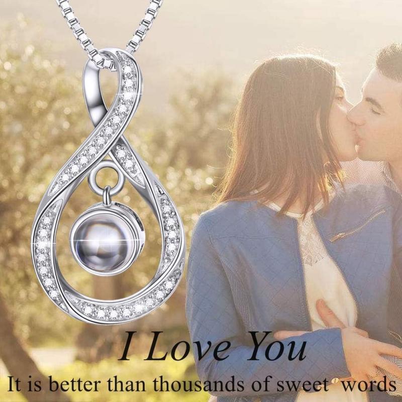 925 Sterling Silver I Love You 100 Languages Necklace I Love You Forever Infinity Heart Mom Sunflower Projection Pendant Necklace for Women Mother's Day Gift