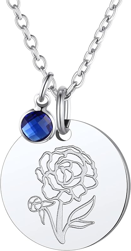 Necklaces for Women with Birthstone Stainless Steel/Gold Plated/Sterling Silver Jan. to Dec. Guardian Month Floral Pendant Custom Engraved Dainty Jewelry + Gift Box