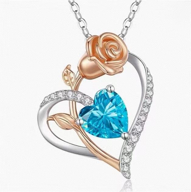 Heart and Rose Pendant Necklace-925 Sterling Silver Jewelry，Adjustable Chain，Give for her in Valentine's Day Gifts ，Mother's Day Presents ，National Day Singapore Jewelry and Birthday Day Gift， Adjustable Chai