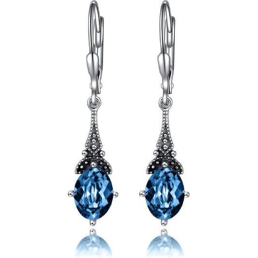 Retro Earrings Female Sterling Silver Retro Pendant Earrings with 8x6mm oval authentic or simulated birthstone crystal from Austria, anniversary jewelry gift for her woman.