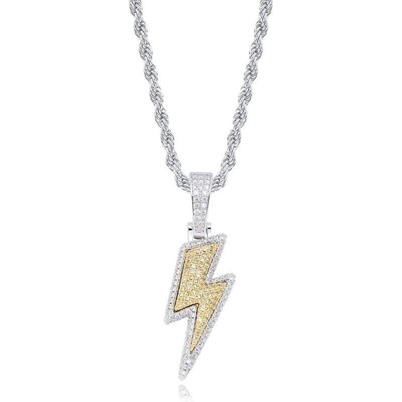 Hip Hop Lightning Bolt Design Pendant 18k Gold Plated Iced Out Cubic Zirconia Pendant Necklace with Micropave Simulated Diamond for Men Women