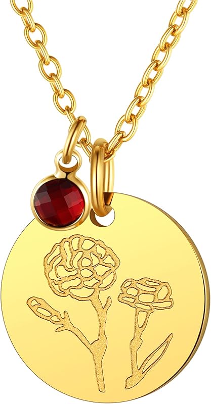 Necklaces for Women with Birthstone Stainless Steel/Gold Plated/Sterling Silver Jan. to Dec. Guardian Month Floral Pendant Custom Engraved Dainty Jewelry + Gift Box