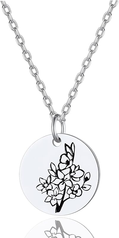 Necklaces for Women with Birthstone Stainless Steel/Gold Plated/Sterling Silver Jan. to Dec. Guardian Month Floral Pendant Custom Engraved Dainty Jewelry + Gift Box