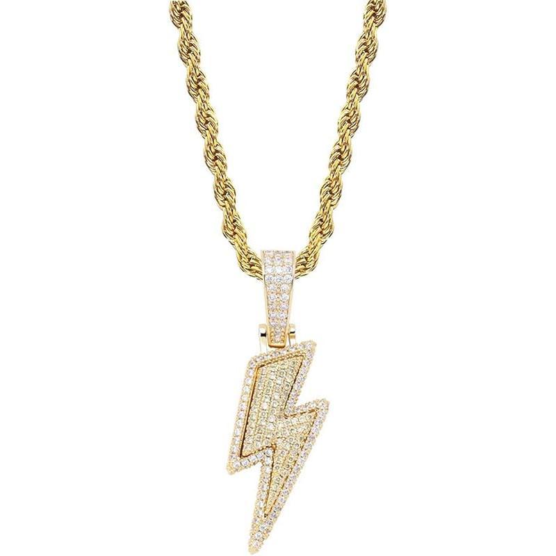 Hip Hop Lightning Bolt Design Pendant 18k Gold Plated Iced Out Cubic Zirconia Pendant Necklace with Micropave Simulated Diamond for Men Women