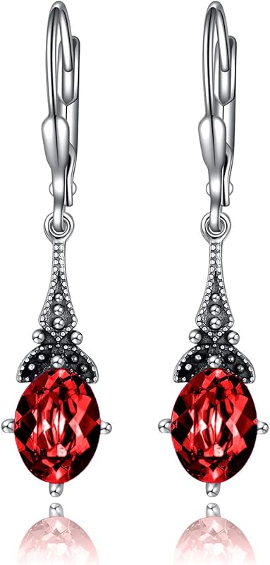 Retro Earrings Female Sterling Silver Retro Pendant Earrings with 8x6mm oval authentic or simulated birthstone crystal from Austria, anniversary jewelry gift for her woman.
