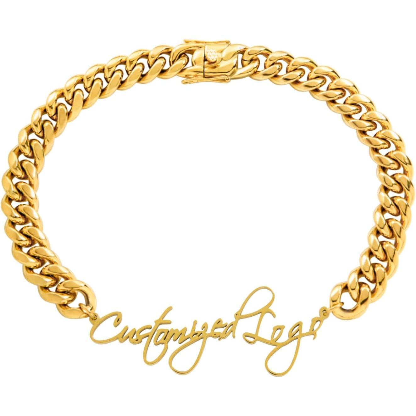 18K Gold Plated Stainless Steel Cuban Link Chain Necklace, Personalized Custom Monogram, High Polish, Waterproof