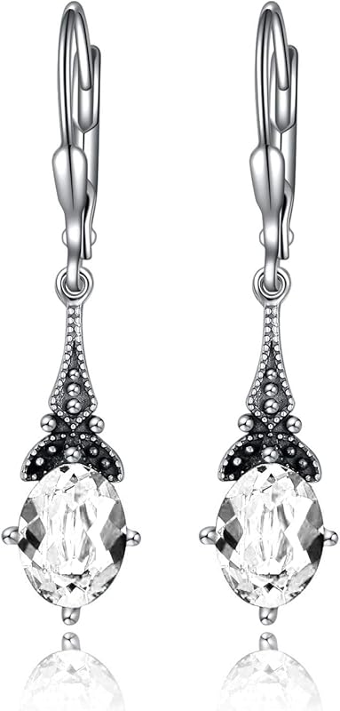 Retro Earrings Female Sterling Silver Retro Pendant Earrings with 8x6mm oval authentic or simulated birthstone crystal from Austria, anniversary jewelry gift for her woman.
