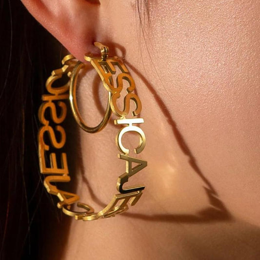 Custom Name Hoop Earrings, Personalized Bamboo Hoop Earrings, 18K Gold Plated Big Hoop Earrings, Custmized Gifts for Mom Grandma Women