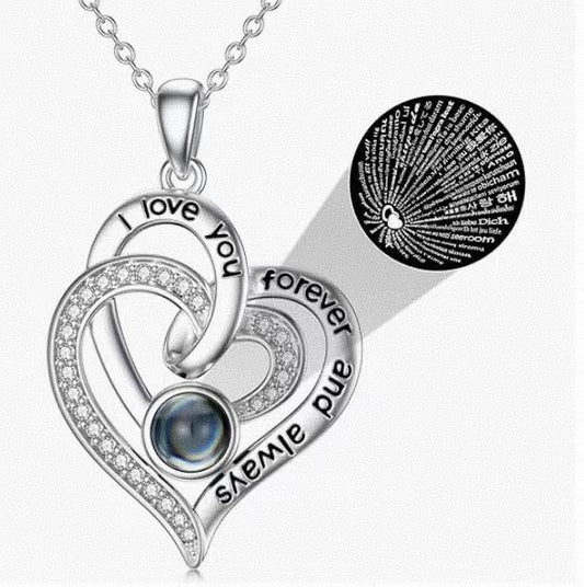 Crystal Clear Chain, Deep Affection Pendant 925 Sterling Silver I Love You 100 Languages Necklace I Love You Forever Infinity Heart Mom Sunflower Projection Pendant Necklace for Women Mother's Day Gift