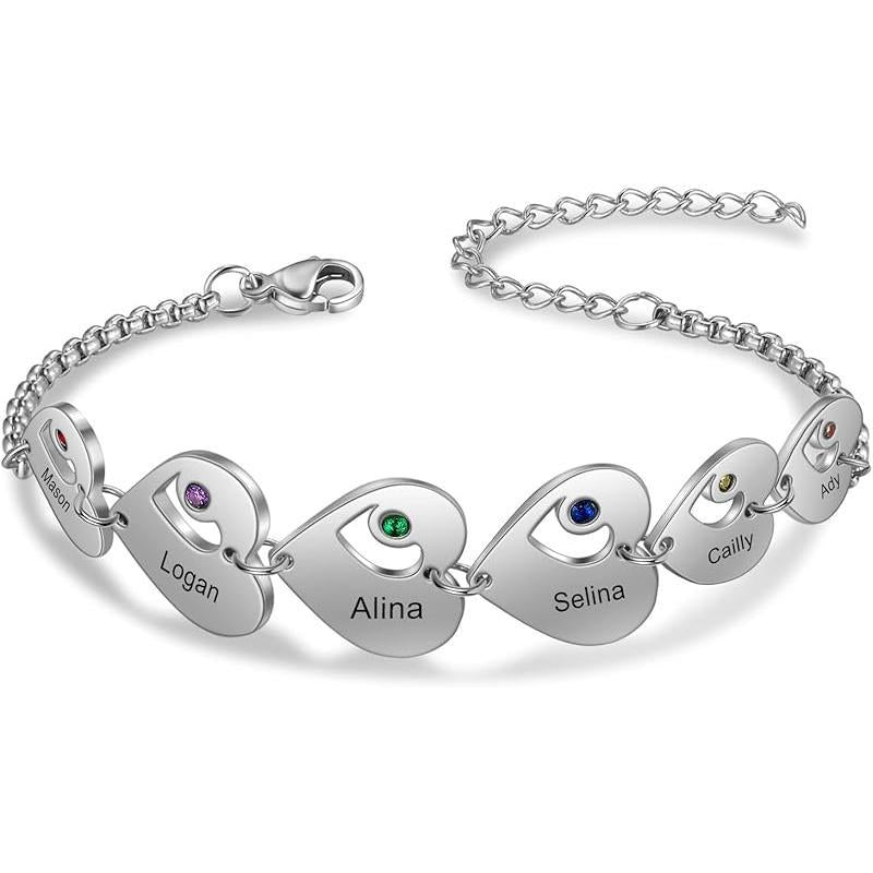Personalized Custom Name Heart Bracelet with 1-6 Birthstones Love Bracelet for Women Engraved Names Link Bracelets for Mother's Day Mom