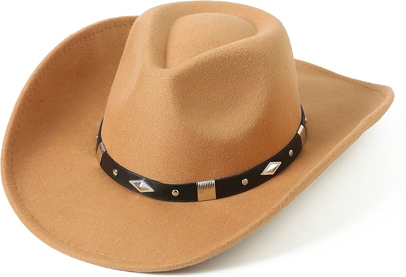 Women Men Classic Felt Wide Brim Western Cowboy Cowgirl Hat with Belt Buckle