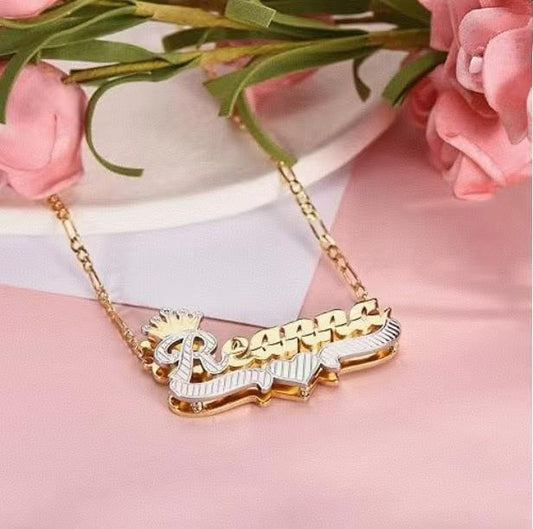 Shining Two - Layered Heart Name 925 Silver Necklace,Hip - Hop Style Custom Necklace,Engraved Jewelry Personalized Two Tone Gold and Silver Custom Name Necklace for Women Teen Girls Jewelry Gift