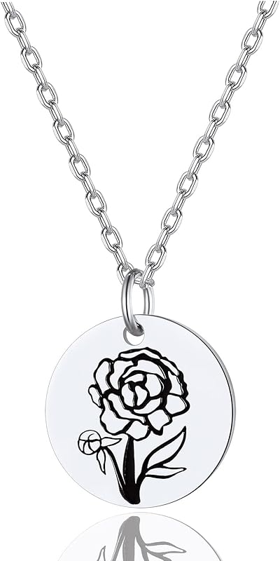 Necklaces for Women with Birthstone Stainless Steel/Gold Plated/Sterling Silver Jan. to Dec. Guardian Month Floral Pendant Custom Engraved Dainty Jewelry + Gift Box