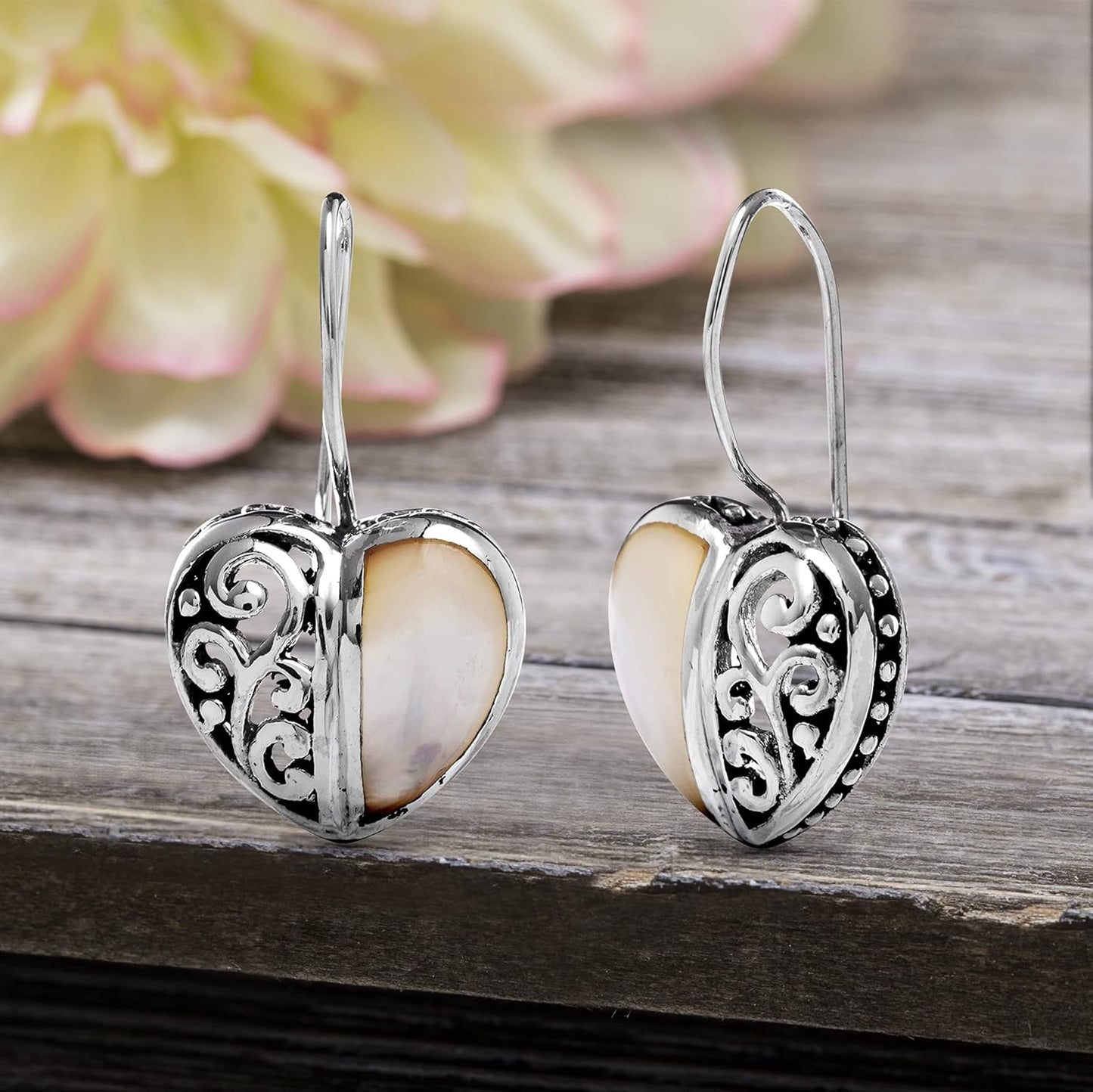 Rhodium Plated Oxidized Sterling Silver Mother of Pearl Filigree Heart Drop Earrings for Women